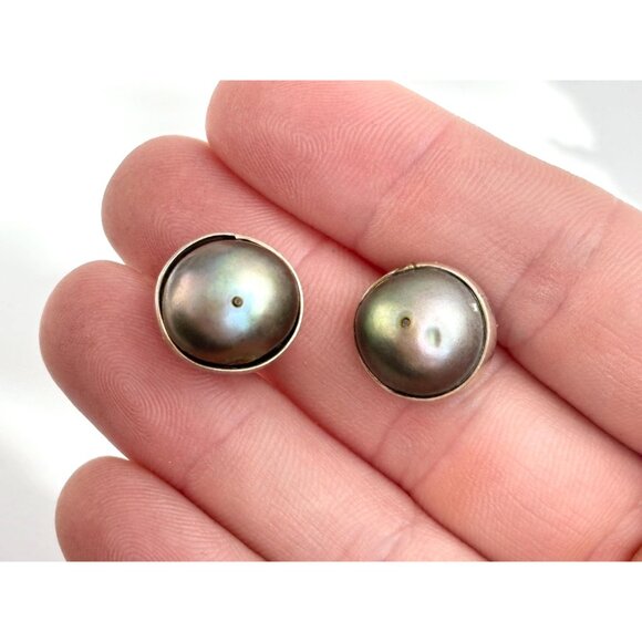 Iridescent Stoned Round Cut Bezel Set Vintage Sterling Silver 925 Stud Earrings - Picture 5 of 9